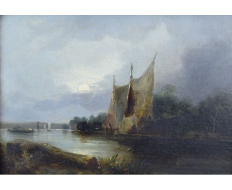 Circle of Edward Charles Williams - Oil on panel - Drying the sails, signed on reverse, 17cm x 24.5cm, in carved gilt frame C
