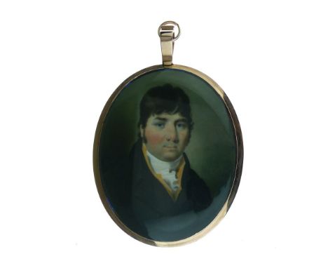 Attributed to John Comerford (Irish 1770-1832) - Portrait miniature of a gentleman wearing black coat, saffron waistcoat, whi