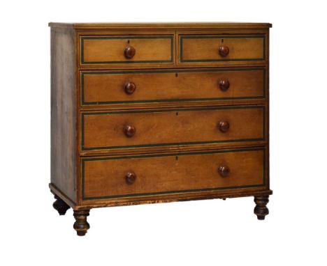 19th Century painted and grained pine chest of drawers, the moulded rectangular top with cobalt-blue border over two short an