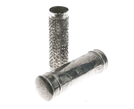 William &amp; Mary or later silver nutmeg grater, the case of tubular form within engraved foliate decoration, the cover open
