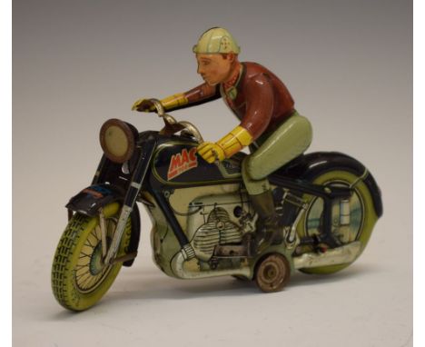 Post Second World War Arnold Mac 700 tin plate clockwork motorcycle made in the US Zone (Allied occupied Germany), with litho