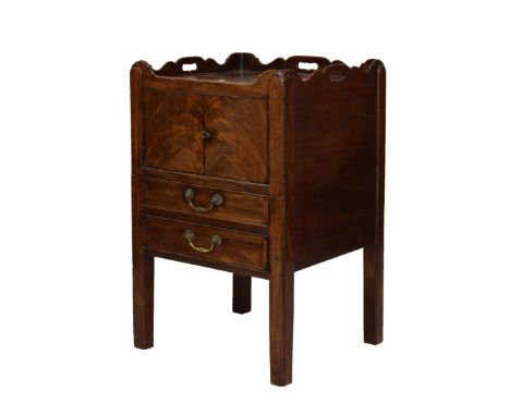 George III mahogany tray-top night cupboard, having a rectangular top with wavy gallery and three pierced carry handles, abov