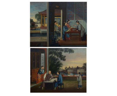 19th Century Chinese School - Pair of oils on canvas - Ladies and gentleman playing Dominoes and Go, 49cm x 62cm, having late