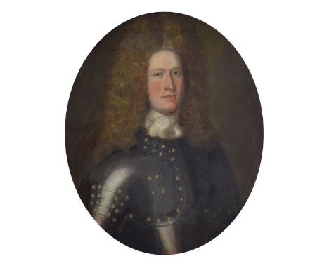 18th Century British School - Oval oil on canvas - Portrait of a bewigged gentleman wearing armour, 73cm x 61cm, in a carved 