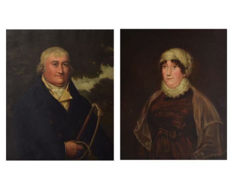 19th Century English School - Pair of oils on canvas - Portrait of a gentleman wearing dark blue coat and holding a riding cr