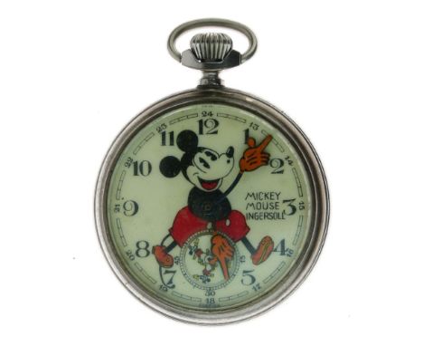 1930's Ingersoll Watch Company 'Mickey Mouse' pocket watch, the white Arabic dial with portrait of Mickey, his hands as point