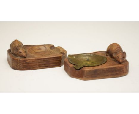 Workshop of Robert Thompson of Kilburn North Yorkshire - A pair of 'Mouseman' oak ashtrays, each of oblong form with carved m