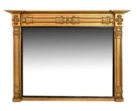 19th Century giltwood and gesso overmantel mirror, the inverted breakfront cornice over split pillar decoration with stiff le