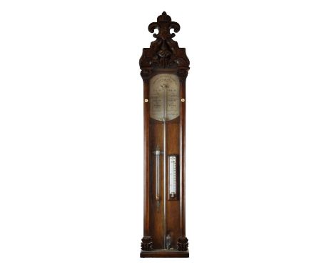 Victorian oak-cased Admiral Fitzroy's barometer, the silvered canted oval register plate reading from 27 to 31-inches of pres