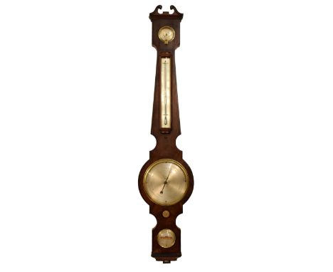 Early 19th Century mahogany-cased wheel barometer, J.Gugeri, Boston, Warranted, the unusually small 6-inch silvered main dial