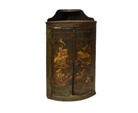 18th Century green-lacquered bowfront hanging corner cabinet, the shaped superstructure with shelf over moulded cornice and p