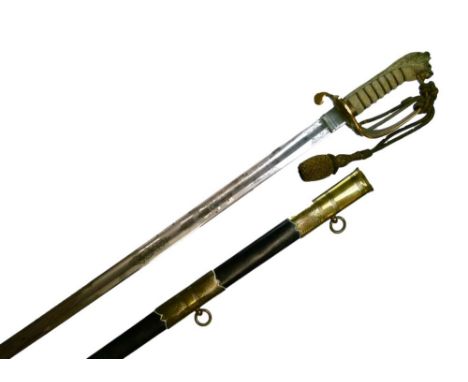 Royal Naval officer's sword retailed by G.Spencer, 8 Ordnance Rd. Portsmouth, the hilt with brass solid basket guard incorpor