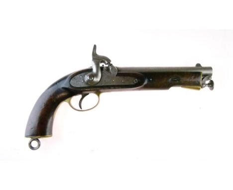 East India Government 18-bore percussion service pistol, the round sighted barrel 8" with fixed full sight, V shaped rear sig