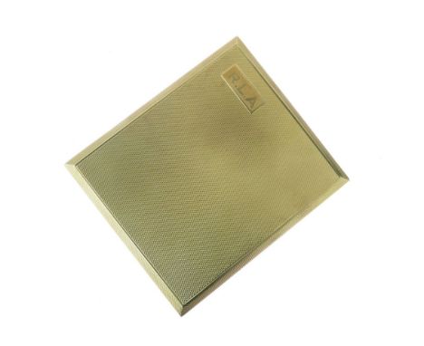 George V 9ct gold cigarette case, of rectangular form with engine-turned exterior, initialled RLA to front and with dedicatio
