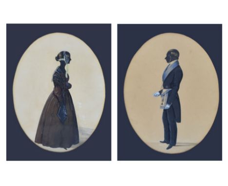 Pair of Victorian watercolour full length silhouettes - Portrait of a lady wearing lace shawl and a gentleman wearing Masonic