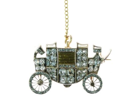Diamond set carriage pendant brooch, set throughout with old brilliant cuts and rose cuts, with articulated wheels, 2.9cm lon