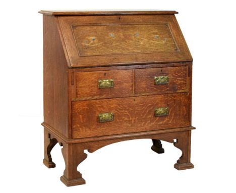 Maple &amp; Co - Arts &amp; Crafts/Art Nouveau inlaid oak bureau, the moulded rectangular top over panelled fall inlaid with 