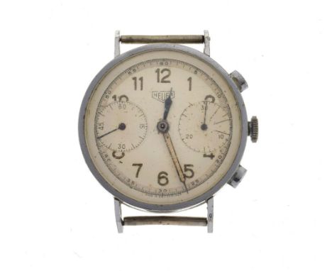 Mid 1940's gentleman's manual and chronograph watch head, having a chrome plated three-body case, silvered dial signed 'Heuer