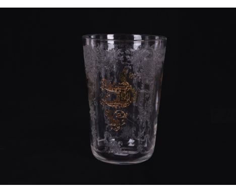 GlasbecherJubiläumsausstellung WienFranz Joseph I. 1848-1808Viribus UnitisFirma Lobmeyr Wien?Höhe 11 cm, Durchmesser 7,7 cm