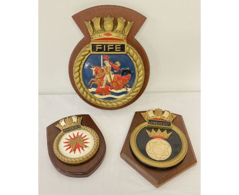 3 vintage wall hanging Naval plaques from HMS Lowestoft, Somerset and Fife.   Largest approx. 25.5cm tall x 20cm diameter.
