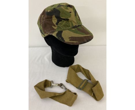 A vintage British Army DPM camo Compton Webb cap (size 59).  Together with a German bread bag strap. 
