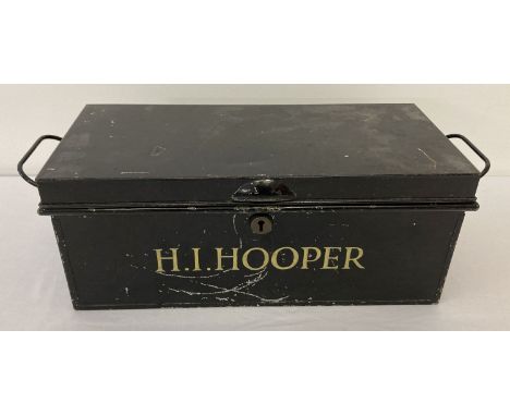 A vintage 2 handled metal documents box, with brass lock and named to H.I. Hooper.  Vendor advises that H.I.Hooper was with t