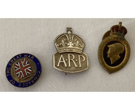 A silver ARP badge hallmarked London 1938. Together with a enamel Comrades Of The Great War badge  and a Volunteer Training C