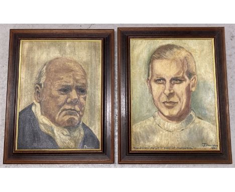 Framed oil on Board portrait of Sir Winston Churchill.  Together with a framed oil on board of H.R.H. Prince Philip, Duke Of 