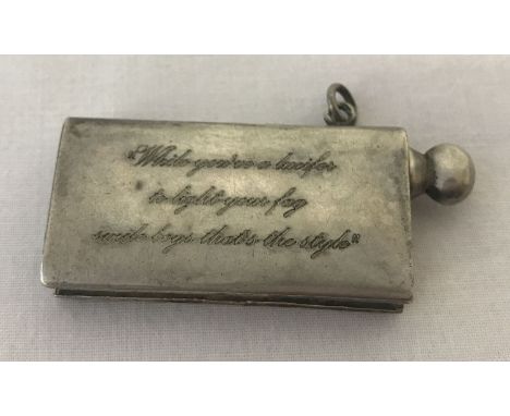 A German WWI style white metal "Lucifer" everlasting match with engraved detail.  Engraving to one side reads "While you've a