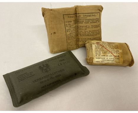 3 vintage and modern military field dressings, British and Austrian.  