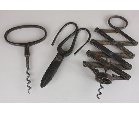A Weir's patent lever corkscrew, another corkscrew with loop handle and a pair of scissors with hook handles