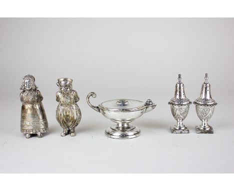 A pair of Dutch 800 silver cruets modelled as children, a pair of peppers and an oil lamp shaped table lighter (a/f)