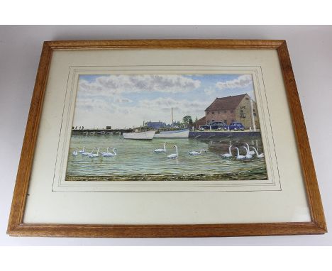 Local interest, R Gurnell (20th century), view of boats moored beside the harbour at Dell Quay, swans foreground, watercolour