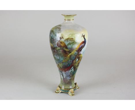 A Royal Worcester porcelain vase of tapered form, decorated with peacock and peahen amongst woodland, signed J Southall, rais