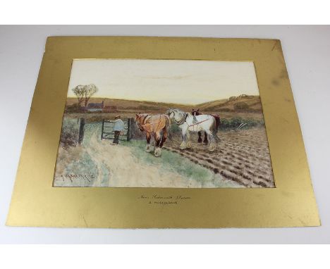 A Haselgrave (late 19th/early 20th century), figure opening a gate beside three plough horses on a ploughed field, fields and