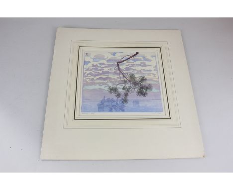 W Phillips (20th century), Japanese style landscape with pine branch foreground, purple clouded sky, 'Morning', limited editi