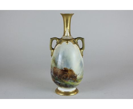 A Royal Worcester porcelain two-handled vase, slim globular form and tapered neck, decorated with Highland cattle, signed H S