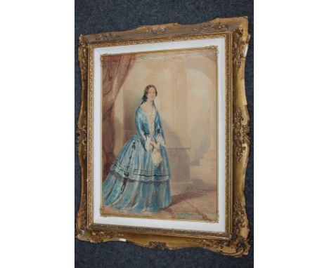 19th century school, portrait study of a lady in an interior, dressed in blue gown and black ribbons, pastel and wash, inscri