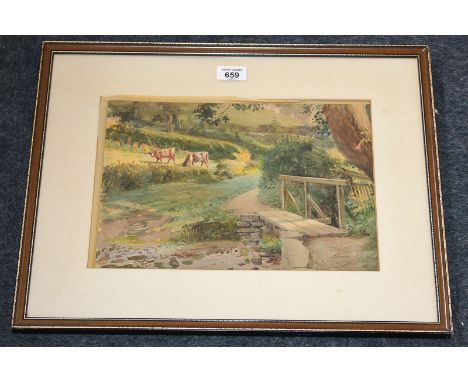 Joseph Poole Addey (1852-1922), path crossing a stream, grazing cows and fields beyond, watercolour, signed and dated 1913, 2