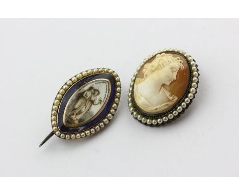 A George III gold and split pearl mourning brooch of navette form painted 'en grisaille' with two young ladies beneath the mo