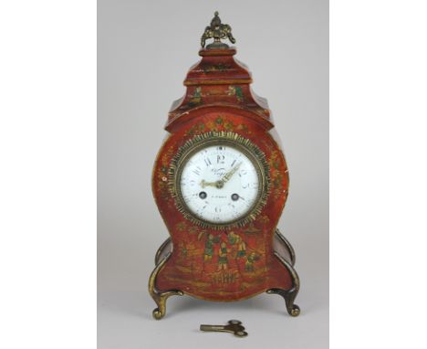 An 18th/19th century chinoiserie mantel clock, the white enamel face marked Viger À Paris, with Arabic and Roman numerals, th