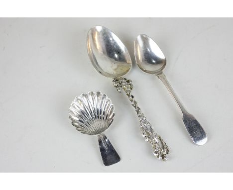 A George VI silver caddy spoon with shell shaped bowl, maker WFC & Co, Birmingham 1946, a Dutch silver spoon with apostle han