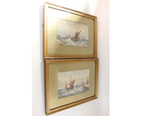 R Thomas, two views of fishing boats on choppy waters, distant coastline, watercolour, signed, 17cm by 27.5cm