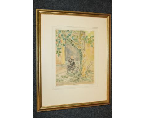 Vivien John (1915-1994, daughter of Augustus John), old lady seated in front of an iron gate beside a tree, watercolour, sign