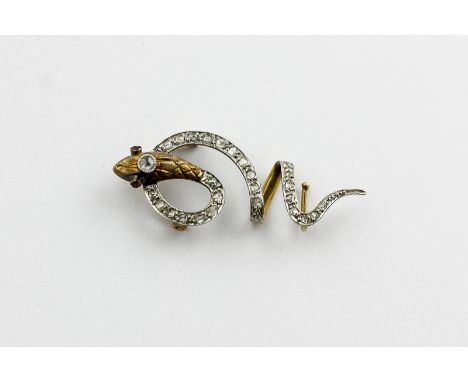 A rose diamond scarf clip in the form of a coiled serpent with ruby eyes, probably French circa 1920, indistinctly numbered