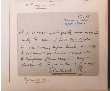 ALBUM OF EPHEMERA and photographs. Including a card from King Edward VII 'We shall arrive quietly and incognito under the nam