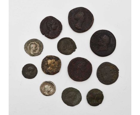 A small assortment of Roman silver and bronze coinage comprising - Gordian III 238-244AD silver antoninianus and a denarius, 