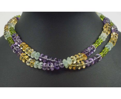 BUCCELLATI STYLE, a pair of vintage aquamarine, peridot, citrine and amethyst bead necklaces, with brushed 14 carat yellow go