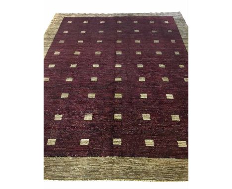 HAND KNOTTED ART DECO STYLE CARPET, 305cm x 25cm, of multiple square on ruby field.