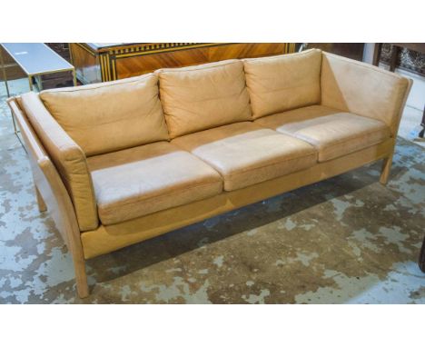 SOFA, 1970's Danish with padded back and seat cushions in natural leather by Stouby, 202cm W.